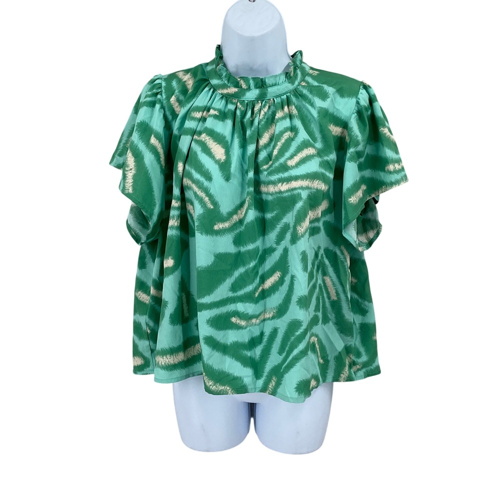 THML Blouse Womens L Green Abstract Ruffle Mock Neck Flutter Sleeve Boho